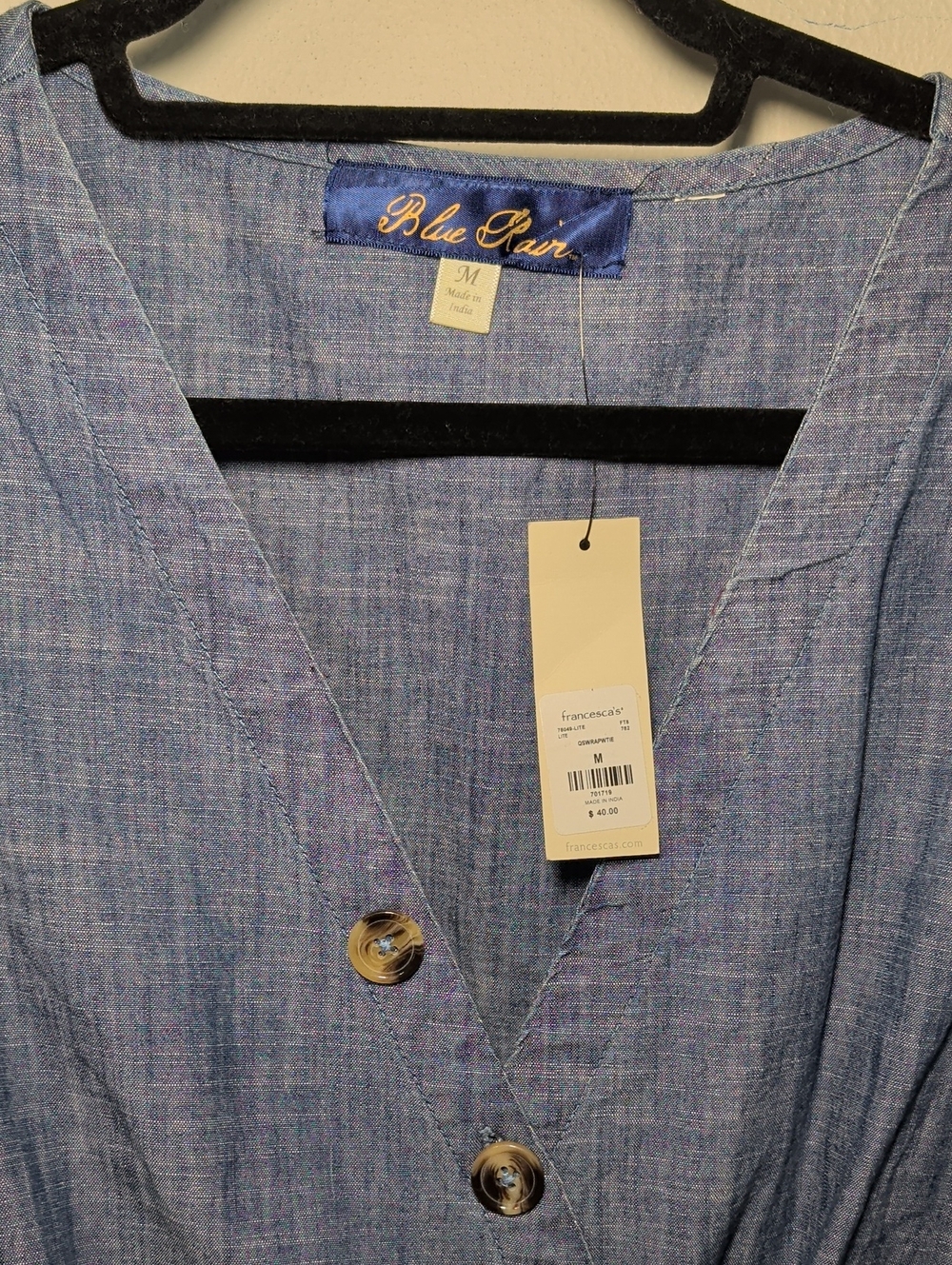 Blue Rain Chambray Wrap Crop Top Blue Ruffle Sleeve Button Front Women's Size M - Picture 4 of 7